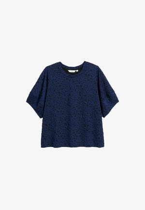 Dunkelblaues Kurzarmoberteil mit strukturiertem, gemustertem Design. Rundhalsauschnitt und lockere Passform. Weicher Stoff mit leichtem Stretch.