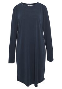 Dunkelblaues langärmeliges Kleid aus glattem Stoff, mit rundem Halsauschnitt und einer lockeren, fließenden Silhouette mit asymmetrischem Saum.