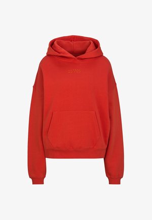 Rode hooded sweat met voorzak en geribbelde boorden, met kleine geborduurde tekst "19V69" op de borst.