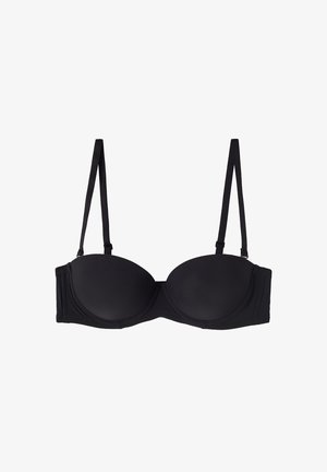 Schwarzer gepolsterter BH mit verstellbaren Trägern, nahtlosen Schalen und Haken- und Ösenverschluss hinten. Aus glattem, elastischem Stoff gefertigt.