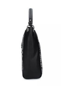 Zwarte leren tas met een gemarmerde grijze zijkant, voorzien van een gladde textuur, lange handgreep en zilveren hardware details.