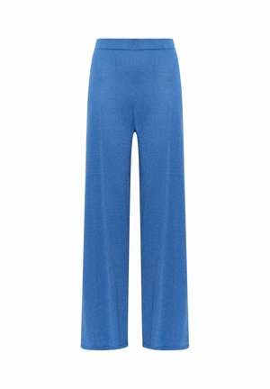 Pantalon large bleu en tissu texturé. Dispose d'une ceinture élastique et de deux coutures verticales sur le devant.
