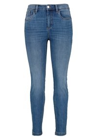 Skinny jeans van middelblauwe denim. Kenmerken zijn onder andere een hoge taille, een vijf-pocket ontwerp en standaard stiksel langs de naden.