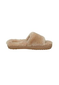 Beżowe kapcie z miękką, puszystą cholewką i teksturowaną podeszwą, z designem typu slip-on i solidną konstrukcją dla wygody.