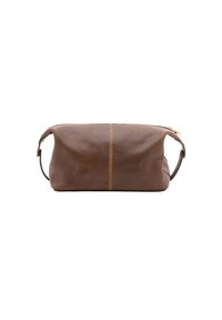 Borsa in pelle marrone con forma rettangolare, chiusura con zip superiore e cuciture gialle a contrasto. Dotata di manico laterale per un facile trasporto.