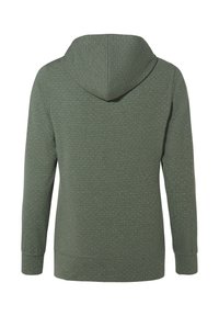 Sweat à capuche vert à manches longues avec un motif blanc tacheté discret, des poignets côtelés et une capuche, présenté de dos sur un fond blanc.