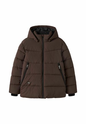 Braune wattierte Winterjacke mit Kapuze, Frontreißverschluss, zwei seitlichen Reißverschlusstaschen und schwarzen inneren Handgelenksbündchen.