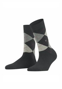 Dunkelgraue Socken mit einem Rautenmuster in Hellgrau und Schwarz, mit pinkfarbenen Akzenten in den Rauten und einem runden Logodetail.