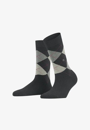 Chaussettes gris foncé avec un motif losange en gris clair et noir, agrémentées d'accents roses dans les formes losanges et d'un détail de logo circulaire.