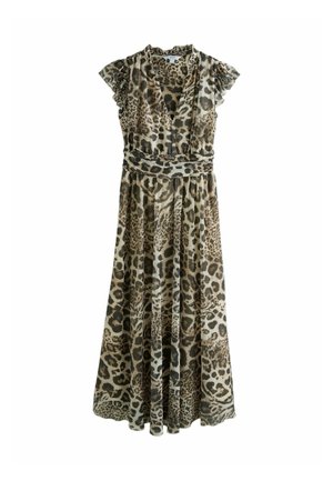 Vestito lungo senza maniche con stampa leopardata, spalle arricciate, scollo a V e vita arricciata su sfondo bianco.