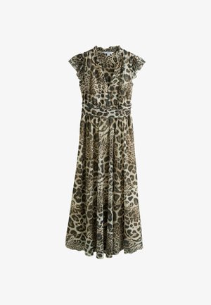 Ärmelloses Maxikleid mit Leopardenmuster, Rüschen an den Schultern, V-Ausschnitt und gerafftem Taillenbund auf weißem Hintergrund.