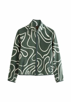 Zielona kurtka polarowa z białymi abstrakcyjnymi falistymi liniami, z pełnym zamkiem z przodu, dwoma bocznymi kieszeniami i stójką.