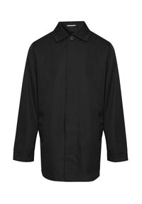 Černý lehký kabát s klasickým límcem, zapínání na přední knoflíky a dvěma postranními kapsami. Má rovný střih a dlouhé rukávy.