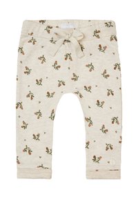 Beige katoenen broek met een overal bloemenpatroon in groen en oranje. Voorzien van een elastische tailleband met een gestrikte koord en ribgebreide manchetten.