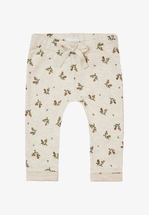 Beige katoenen broek met een overal bloemenpatroon in groen en oranje. Voorzien van een elastische tailleband met een gestrikte koord en ribgebreide manchetten.