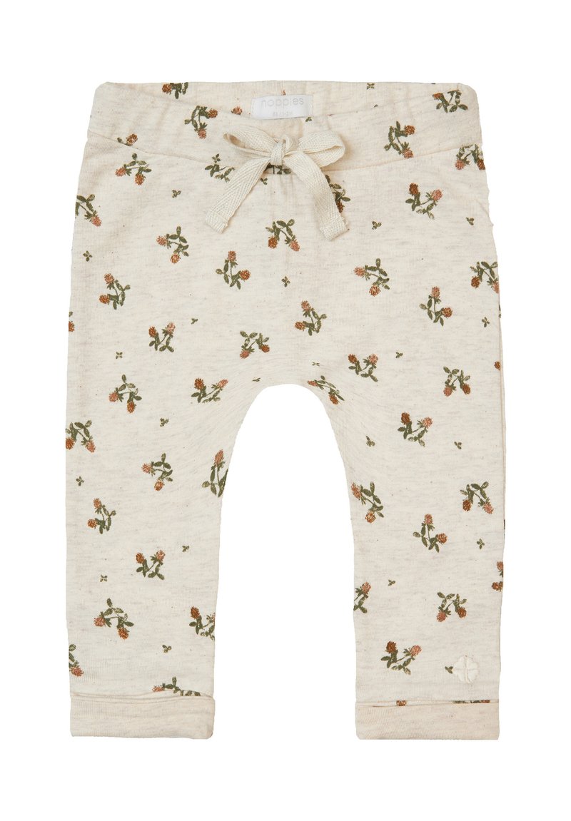 Beige katoenen broek met een overal bloemenpatroon in groen en oranje. Voorzien van een elastische tailleband met een gestrikte koord en ribgebreide manchetten.