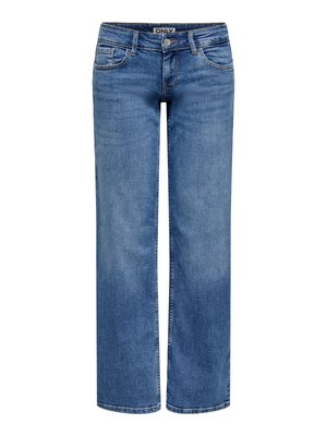 Jean en denim bleu coupe droite avec bouton et zip devant, design cinq poches, ceinture intérieure marquée ONLY.