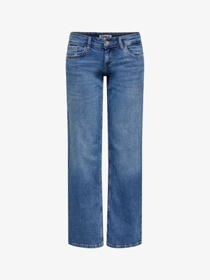 Jean en denim bleu coupe droite avec bouton et zip devant, design cinq poches, ceinture intérieure marquée ONLY.