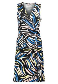 Hame soihtava ilman hihoja, jossa on V-pääntie, mustalla pohjalla ja värikkäällä abstraktilla kuviolla, joka koostuu sinisistä, vaaleanpunaisista ja keltaisista siveltimen iskuista.