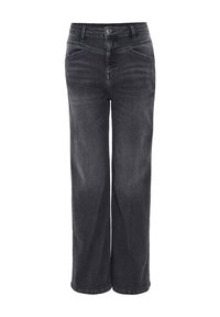 Vaqueros de pierna ancha en mezclilla gris oscuro. Presentan cierre de botón y cremallera, cinco bolsillos y detalles cosidos a lo largo de la cintura y las piernas.