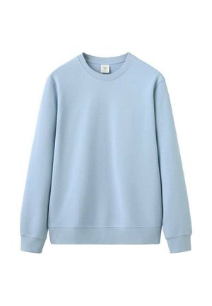 Sudadera azul claro con cuello redondo, mangas largas y puños y dobladillo acanalados, mostrada sobre un fondo blanco.