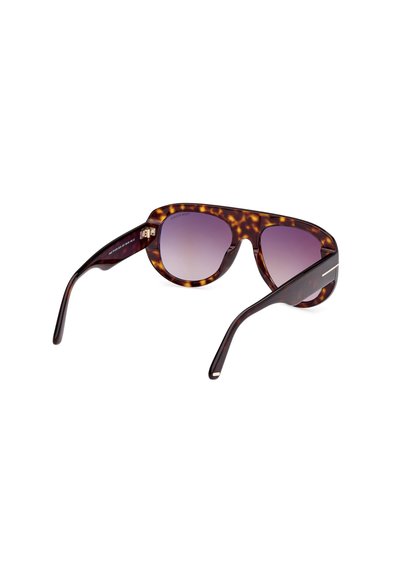 Tortoiseshell sunglasses with gradient purple lenses. Thick, rounded frames with shiny accents on the temples for added detail.