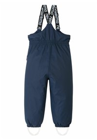 Salopette impermeabile blu navy con vita elastica, spalline regolabili con logo bianco e polsini elastici per una vestibilità sicura.