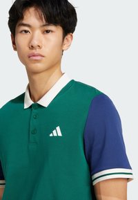 Green and blue polo shirt with a white collar, featuring a three-stripe logo. Short sleeves with contrasting color accents and striped hems.