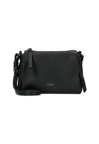 Schwarze Leder-Crossbody-Tasche mit Reißverschluss, strukturierten Oberfläche, verstellbarem Tragegurt und dezentem Logo auf der Vorderseite. Kompakte rechteckige Form.