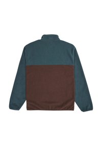 Polarowa bluza w odcieniach teal i brązu z wysokim kołnierzem, z dwiema poziomymi blokami kolorów, gładką teksturą i długimi rękawami.