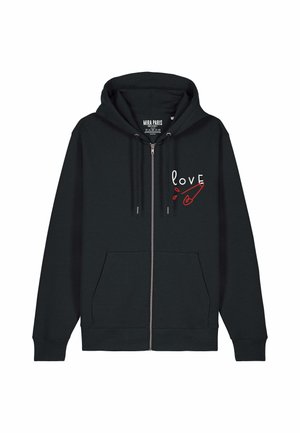 Hoodie noir zippé en polaire. Décoré d'un texte blanc "love" et d'un graphisme de épingle de sécurité rouge. Comprend des poches avant et un capuchon avec cordon de serrage.