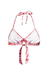 Rózsaszín és fehér árnyalatú bikini felsőrész, háromszögletű kialakítással, nyakban és hátul megkötős, egyszínű és csíkozott minták keverékével.