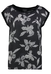Black short-sleeve top with white floral print. Features a round neckline and a loose, relaxed fit. Made from lightweight fabric.