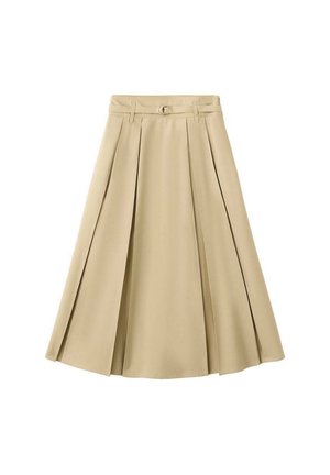 Jupe plissée beige en tissu lisse, dotée d'une taille cintrée avec un passant de ceinture rond, offrant une silhouette fluide en A.