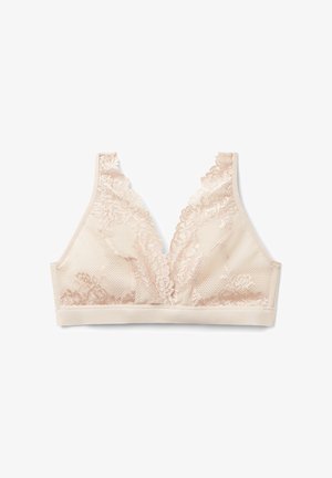 Nude kanten bralette met een zachte band, voorzien van een diepe V-halslijn en scalloped kanten afwerking langs de banden en randen.