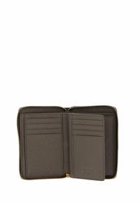 Leather wallet in dark gray color with a zip closure, multiple card slots, and textured interior. Features a smooth, durable finish.