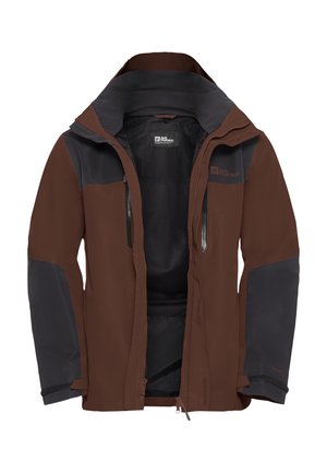 Brown and black waterproof jacket with a mesh lining, zippered pockets, hood, and adjustable cuffs. Suitable for outdoor activities.