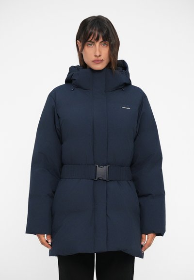 Navy blue puffer jacket with a high collar, adjustable hood, and wide belt. Features a smooth texture and loose-fitting sleeves.