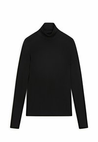 Zwarte lang mouwen turtleneck shirt met een aansluitende pasvorm, plat gelegd op een witte achtergrond.