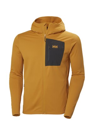 Heren hoodie in mosterdgeel met ritssluiting, met een zwart ritssluiting vak op de borst met het "HH"-logo aan de rechtervoorzijde.