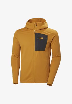Heren hoodie in mosterdgeel met ritssluiting, met een zwart ritssluiting vak op de borst met het "HH"-logo aan de rechtervoorzijde.