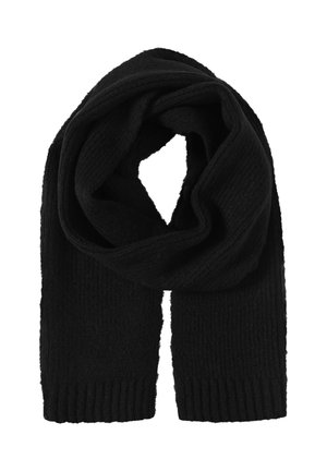 Écharpe tricotée noire avec une texture côtelée, dotée de bords finis. Tissu doux et épais, design en spirale pour chaleur et protection.