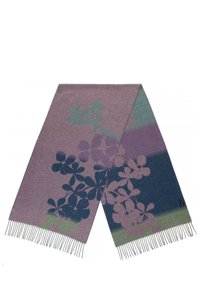 Sciarpa multicolore con motivi floreali nelle tonalità di viola, verde e blu. Texture morbida con bordi frangiati. Misura circa 70 x 10 pollici.