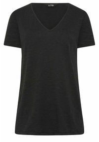 Mustat V-päänti- T-paita lyhyillä hihoilla, valmistettu pehmeästä materiaalista. Ominaisuuksena rento istuvuus ja suora helma, ei kuvioita tai koristeita.