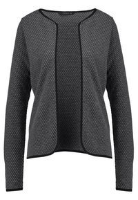 Cardigan grigio aperto da donna con un motivo a nido d'ape testurizzato e bordi neri lungo i lati e i polsini.