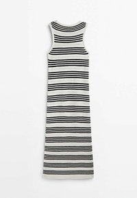 Robe midi sans manches à rayures horizontales noires et blanches avec texture en tricot côtelé et encolure ronde.
