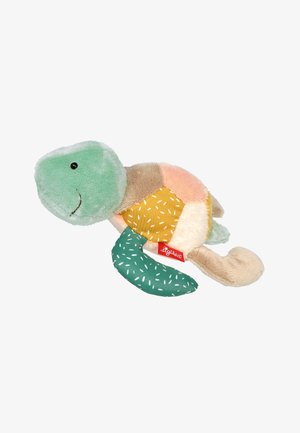 Stuffed turtle toy with plush textures in soft green, beige, and pink. Features patterned shell in yellow and green, with embroidered face.