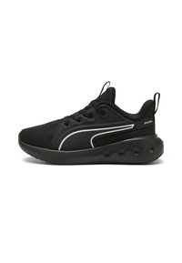 Scarpe sportive nere con tomaia in rete, chiusura con lacci e suola ammortizzata con dettagli rotondi. Striscia bianca lungo il lato.