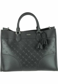 Czarna skórzana torebka z wytłoczonym wzorem, podwójnymi uchwytami u góry i dekoracyjnymi frędzlami; logo wytłoczone z przodu; usztywniony kształt.