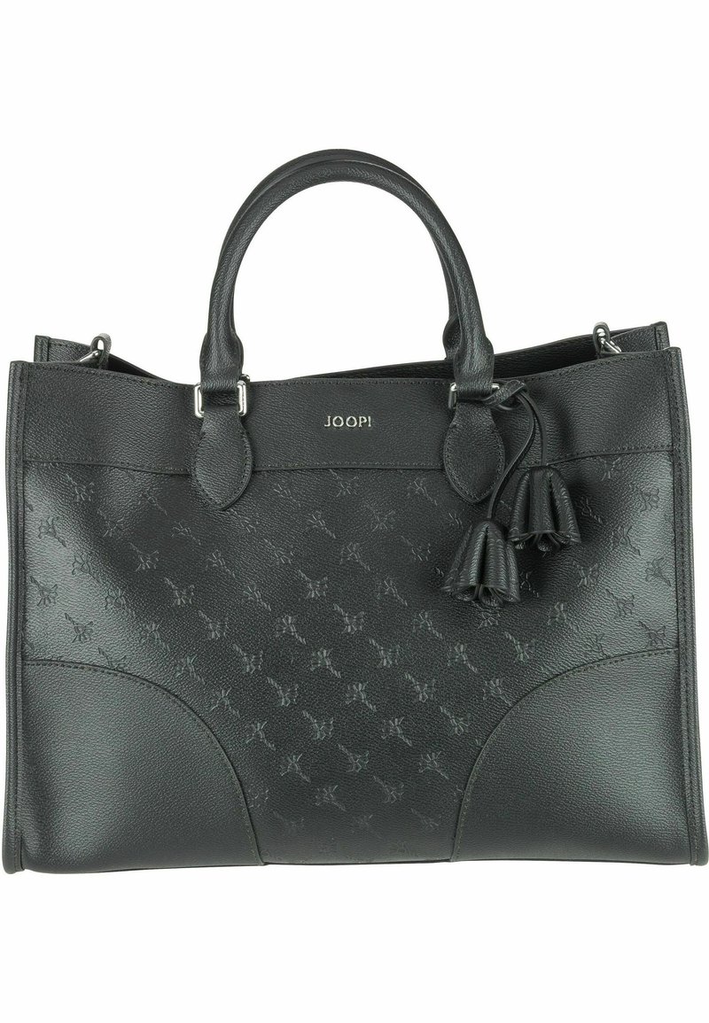 Czarna skórzana torebka z wytłoczonym wzorem, podwójnymi uchwytami u góry i dekoracyjnymi frędzlami; logo wytłoczone z przodu; usztywniony kształt.